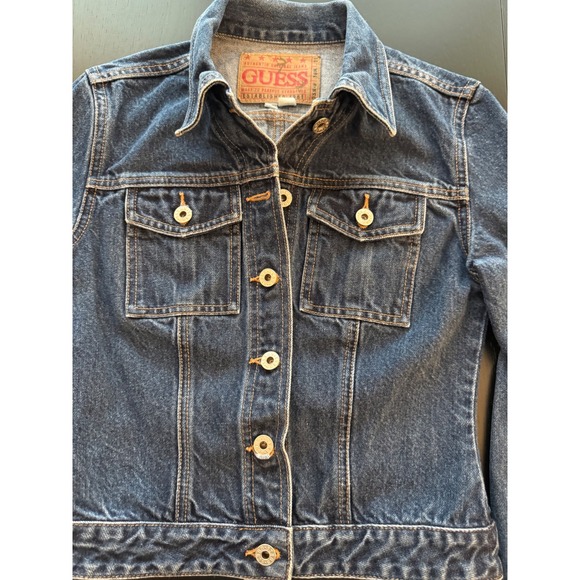 GUESS Jeans Cropped Denim Jacket Womens Small‎ Dark Wash Motorcycle Trucker Y2K - Picture 8 of 16